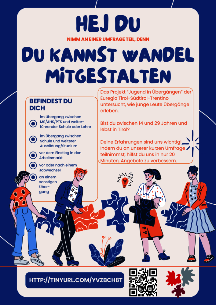 Plakat: Mach mit bei der Jugendumfrage! großen Jugendumfrage von der Euregio Tirol-Südtirol-Trentino.